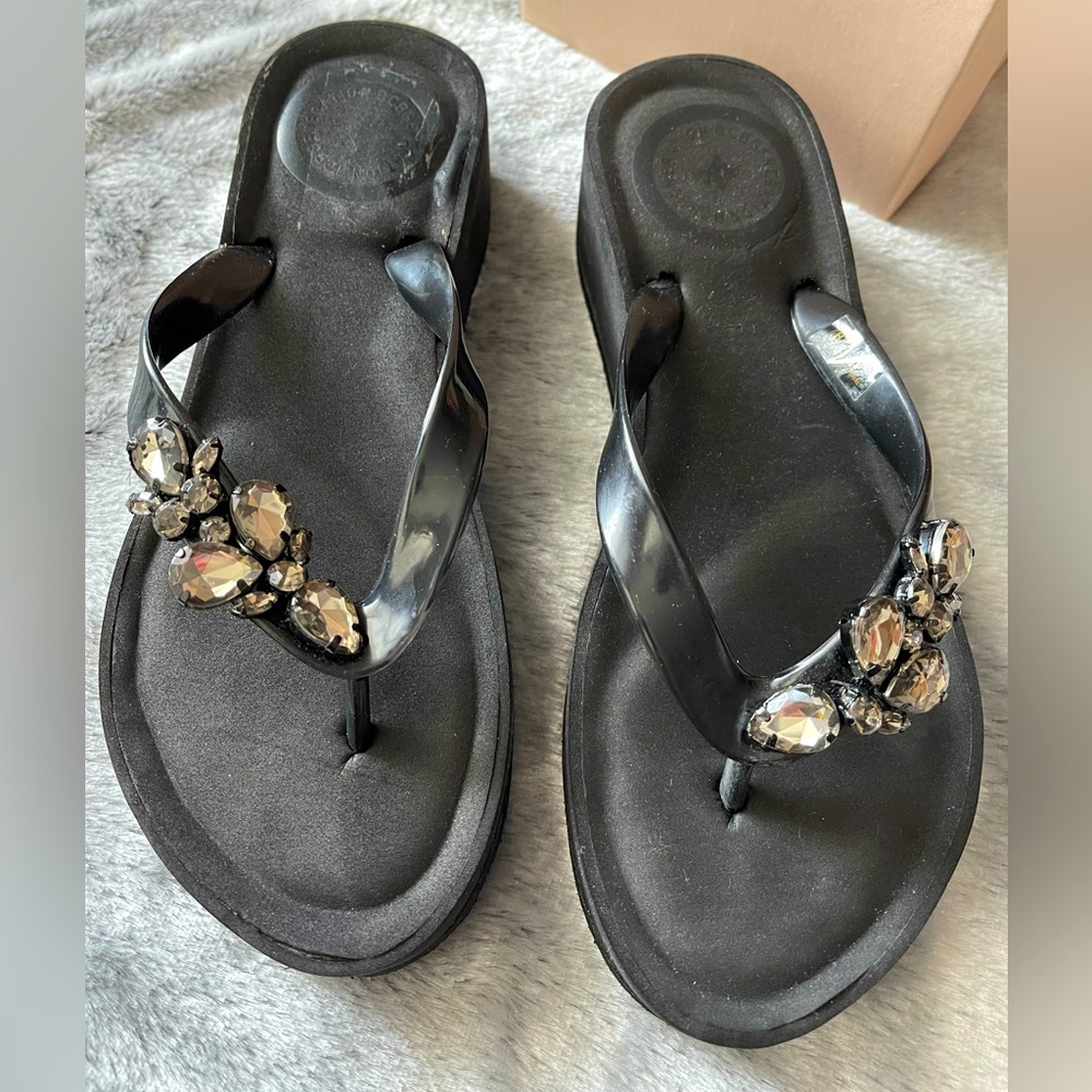 BCBGeneration Flip Flops with Bling in Black Opaque Jelly. NWT